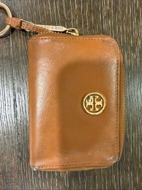 Tory Burch Cognac Leather Zip Card Case with Gold Logo